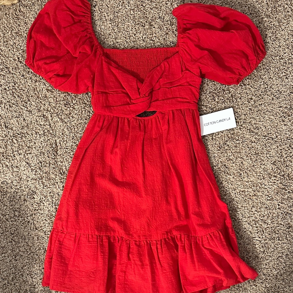 Cotton Candy Red Puff Sleeve Mini Dress